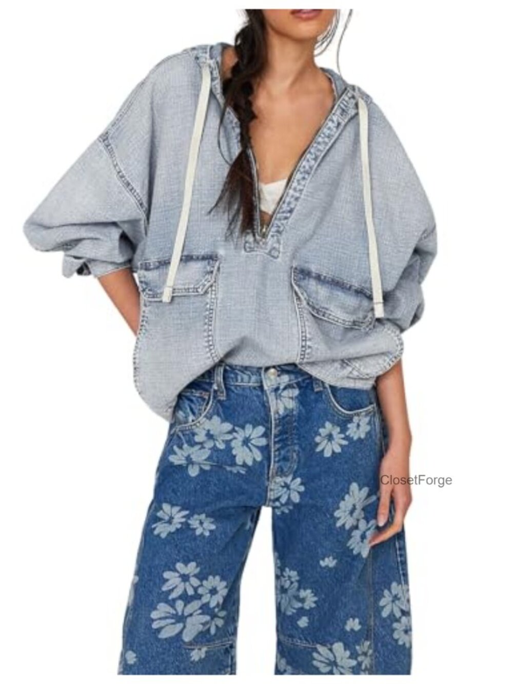 Oversized Denim Hoodie Pullover Half Zip Sweatshirt Western Shacket Top